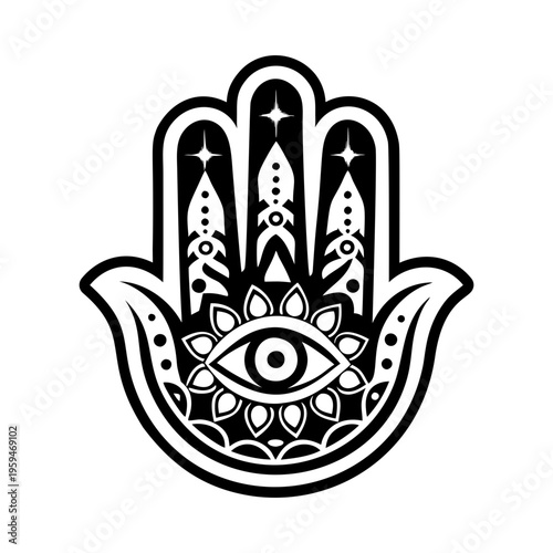 A filled style icon of mystic hand with an eye
