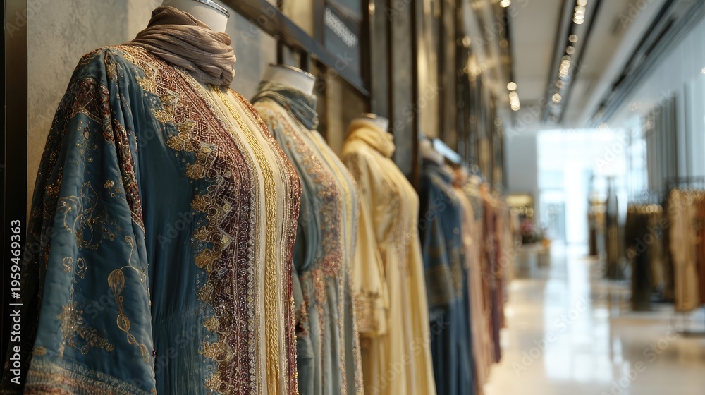Fototapeta premium Exquisitely Embroidered Dresses on Mannequins in a Modern Retail Space
