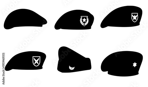 Military beret hats cartoon army cap vector illustration set