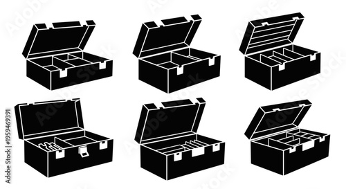 Collection of Six Open Black Storage Boxes with Dividers.