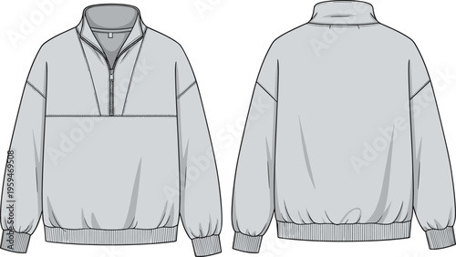 Quarter zip pullover sweatshirt vector illustration front and back view ribbed cuffs elastic hem casual apparel technical fashion design