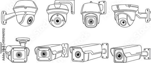 Flat vector illustration of surveillance cameras, dome and bullet styles, security technology, monitoring devices, safety system, modern CCTV design