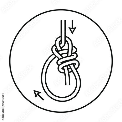 Black and white illustration of a knot being tied with instructional arrows on a circular background