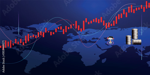 Global Oil Market Crisis Graph with World Map and Iranian Geopolitical Conflict Concept, Rising Red Bar Chart and Crude Oil Barrels