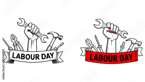 Labor Day celebration with a clenched fist, tools, and text, vector set