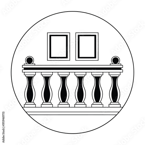 Balcony railing illustration with decorative balusters and empty picture frames in a circular frame on a white background