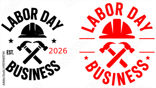 Labor Day Badge Set, Black and Red Worker Emblem with Helmet and Tools