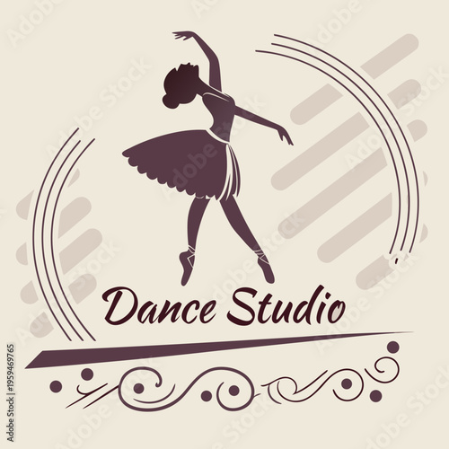 Elegant ballerina silhouette with decorative flourishes - dance studio logo