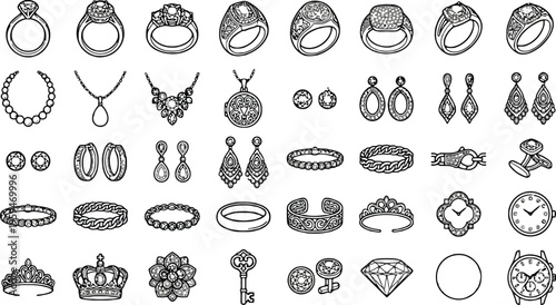 40 Jewelry Icons, Black and White Vector Illustrations, Jewelry Symbols, Accessories Collection