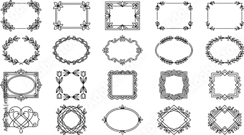 20 Ornate Border Frames, Vector Illustration Set, Elegant Decorative Elements, Black and White Clip Art