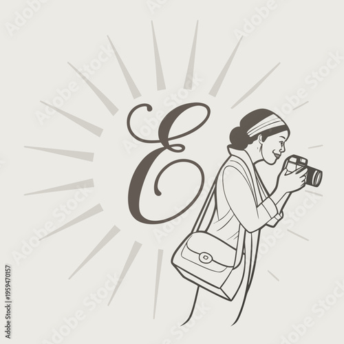 Woman photographer with camera and artistic letter e emblem