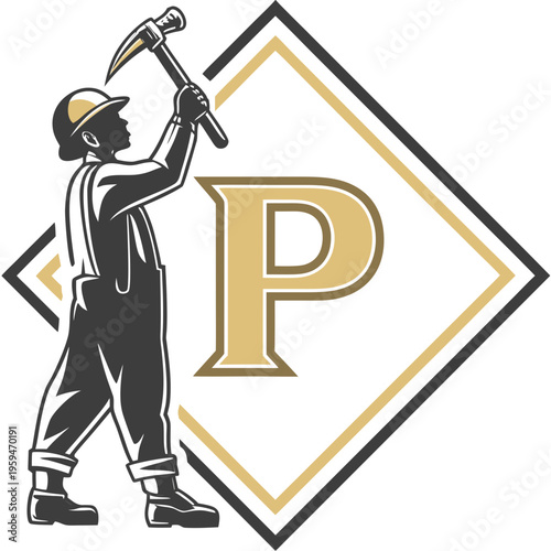 Miner with pickaxe and letter p logo with letter p