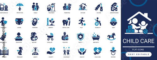 child care solid icon set. baby, parenting, nursery, kindergarten, toys, safety, charity, health. editable vector collection .