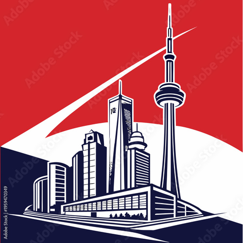 City skyline illustration with skyscrapers and tower in red, white, blue