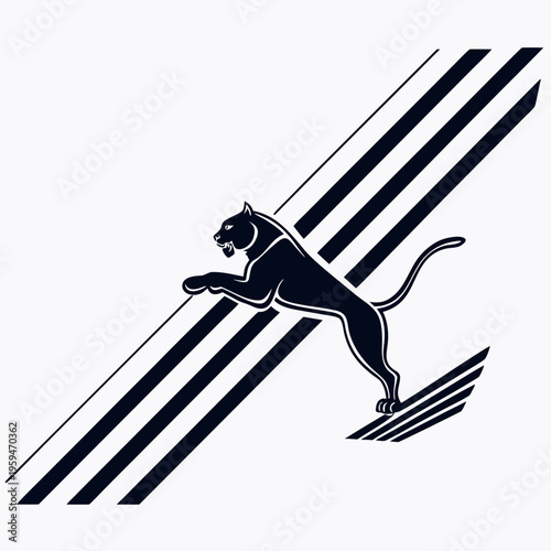 Leaping black panther with abstract stripes graphic with big cat
