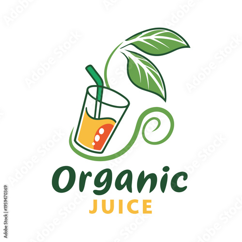 Organic juice logo with glass, leaves, and swirl