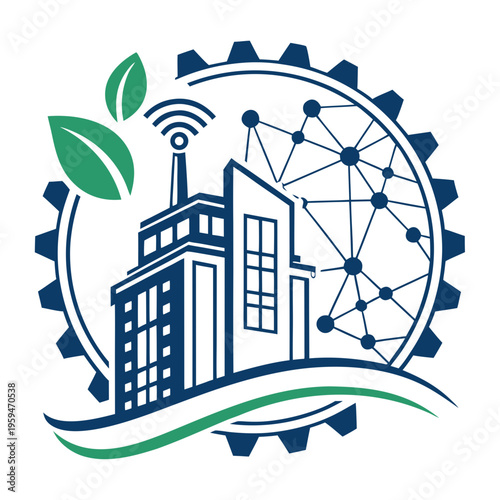 Smart factory network cogwheel and city with industrial revolution