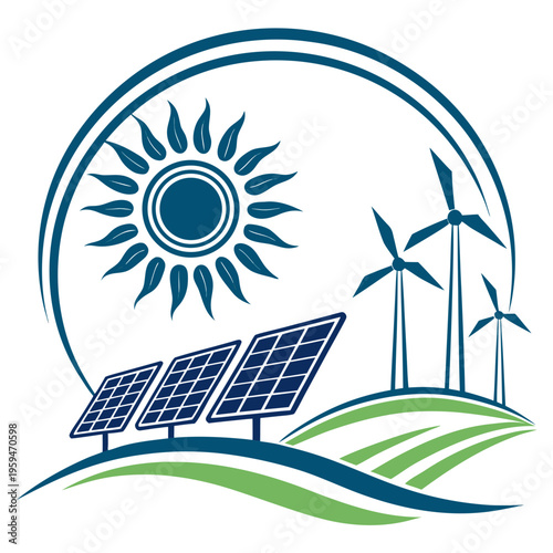 Renewable energy icon: sun, solar panels, and wind turbines