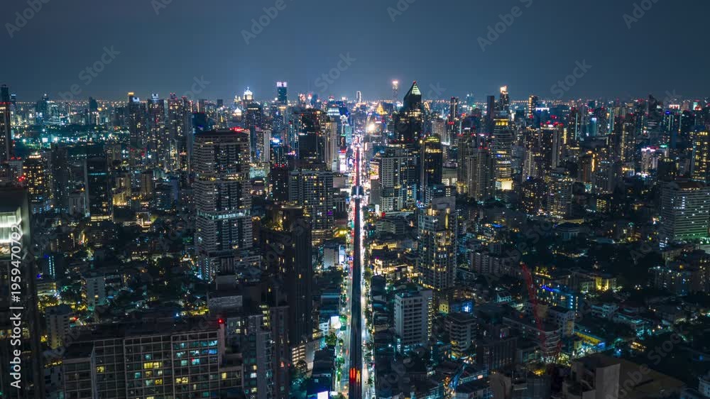 custom made wallpaper toronto digitalBangkok downtown skyline illuminating cityscape with bustling highway traffic, urban skytrain, soaring skyscraper buildings at night from aerial