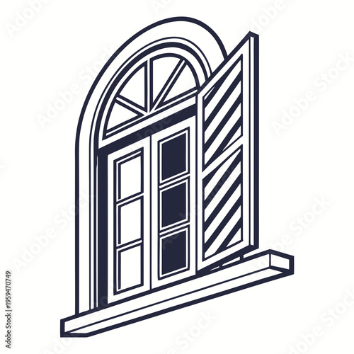 Open arched window with shutters line art with ideal for architectural or