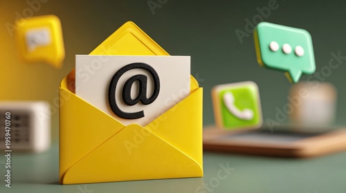 Modern Yellow Envelope with Email Symbol and Contact Icons