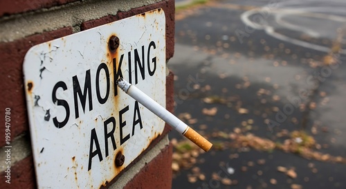 Unlit cigarette in a designated smoking area on rusty sign