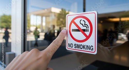 A finger pointing at a no smoking sign on a glass window