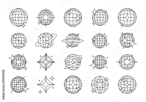 Y2K Retro Futurist Disco Ball and Star Line Art Icon Set - Minimalist Wireframe Globe and Sparkle Vector Graphics