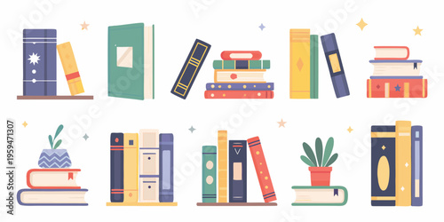 Colorful stack of books and potted plants in a flat illustration