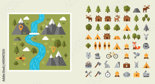Flat Vector Camping and Hiking Map Creator Kit with Outdoor Icons, Wild Animals, Mountains, Tents, and Forest Elements for Adventure Travel Design
