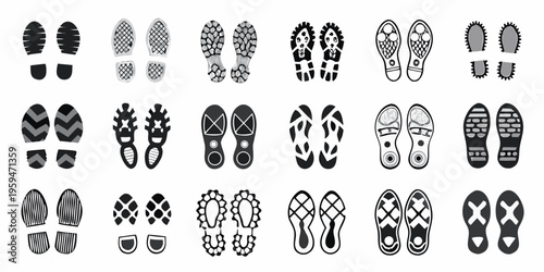 Collection of diverse shoe sole patterns displayed in a grid arrangement