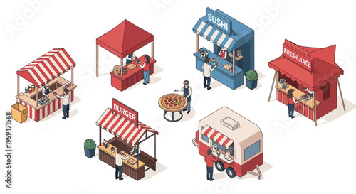 Isometric Street Food Market Collection with Various Food Stalls, Vendors, and Customers on White Background