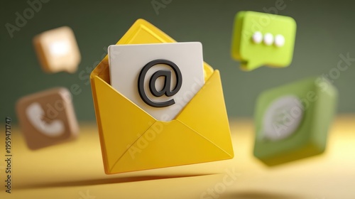 Modern Yellow Envelope with Email Symbol and Contact Icons