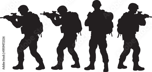 Four black silhouettes of soldiers with guns and helmets on white background