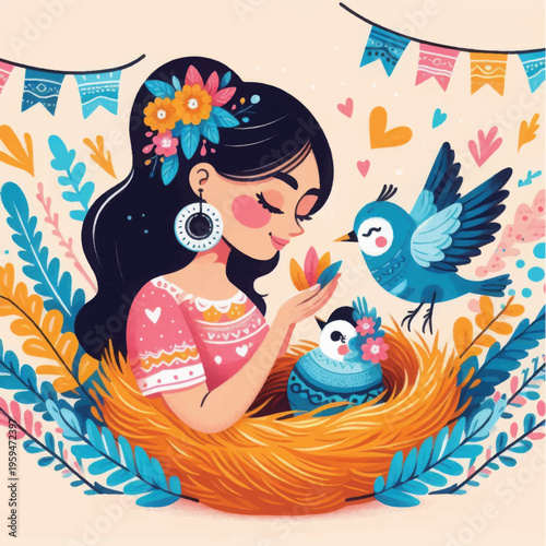 Folk Art Illustration of a Nurturing Woman with Baby Birds in a Nest. Vibrant Spring Nature Scene with Decorative Flowers and Bunting.