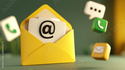 Modern Yellow Envelope with Email Symbol and Contact Icons