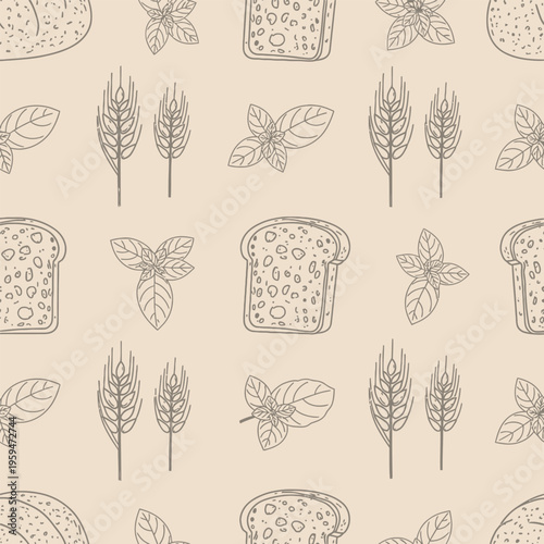 Seamless Pattern of Hand Drawn Wheat Basil and Whole Grain Bread for Organic Food Wrap Paper and Bakery Packaging Design