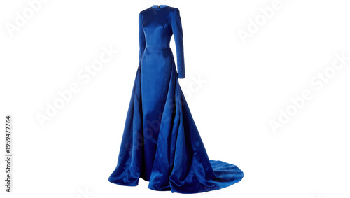 Quadro em tela Luxurious deep blue velvet long sleeve elegant evening gown with a flowing train