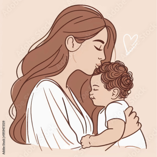 Mother kissing sleeping baby illustration, tender maternal love and bonding moment, minimalist line art drawing.