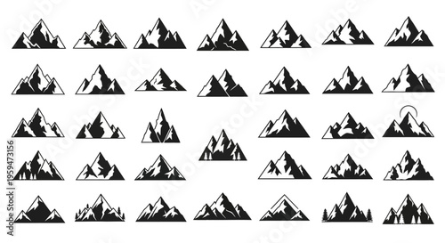 Set of Mountain Peak Silhouette Icons for Outdoor Adventure and Logo Design