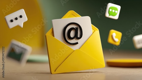 Modern Yellow Envelope with Email Symbol and Contact Icons