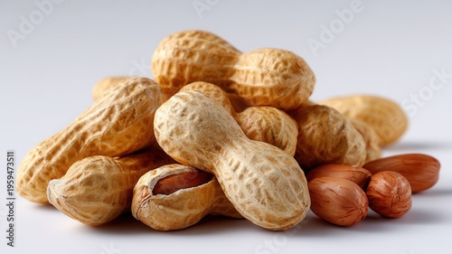 Peanuts in shells and peeled nuts presenting healthy snack option, nutritious natural food, ingredient