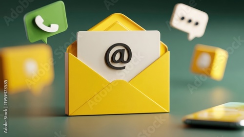 Modern Yellow Envelope with Email Symbol and Contact Icons