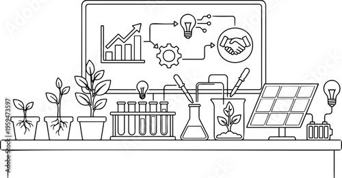 Line art vector of green tech innovation lab desk with solar panel and business chart