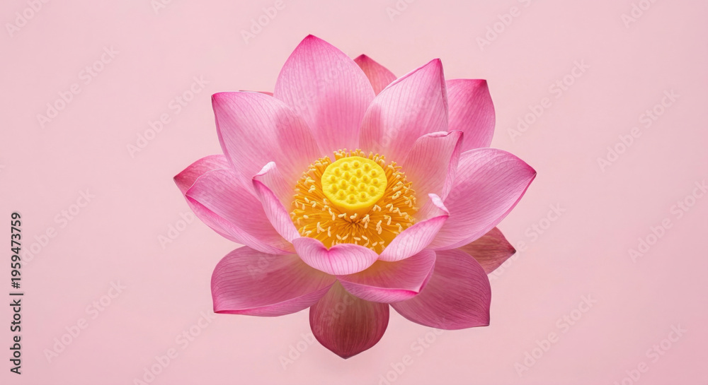 Obraz premium Pink lotus flower blooming on pastel pink background, Nelumbo nucifera botanical photography