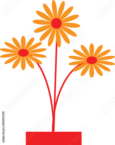 Stylized illustration of three orange flowers with red centers in a red pot