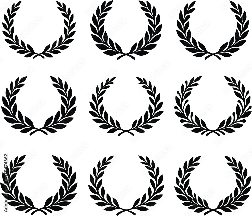 Obraz premium Set of black laurel wreaths icons on transparent background for design elements