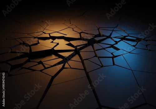 Abstract visualization of deep structural breakdown and division, showing separated broken pieces on a dark surface, leaving significant empty gaps, background, pattern, debris