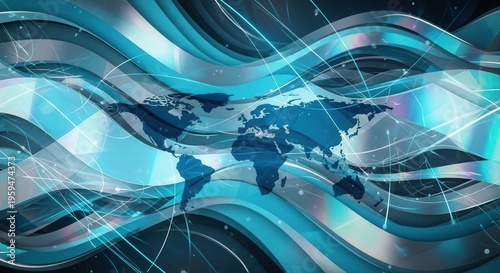 Cyan teal wave patterns, holographic layers, light streaks, world map silhouettes, cinematic contrast, professional investment visuals.