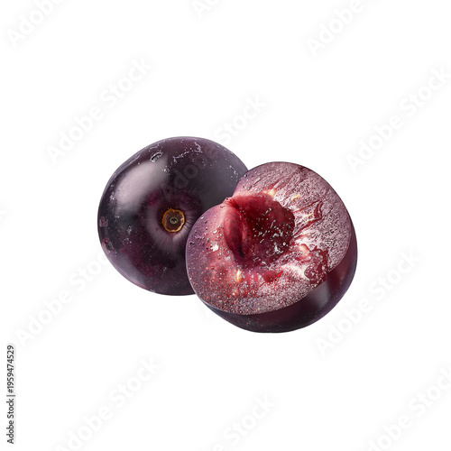Plums on Transparent Background – Whole and Halved Dark Purple Fruit with Water Droplets for Food Packaging and Recipe Blogs